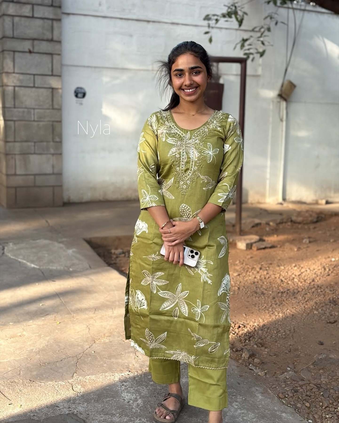 Elegant Chinnon Silk kurti with hand embroidery and 3/4th puff sleeves