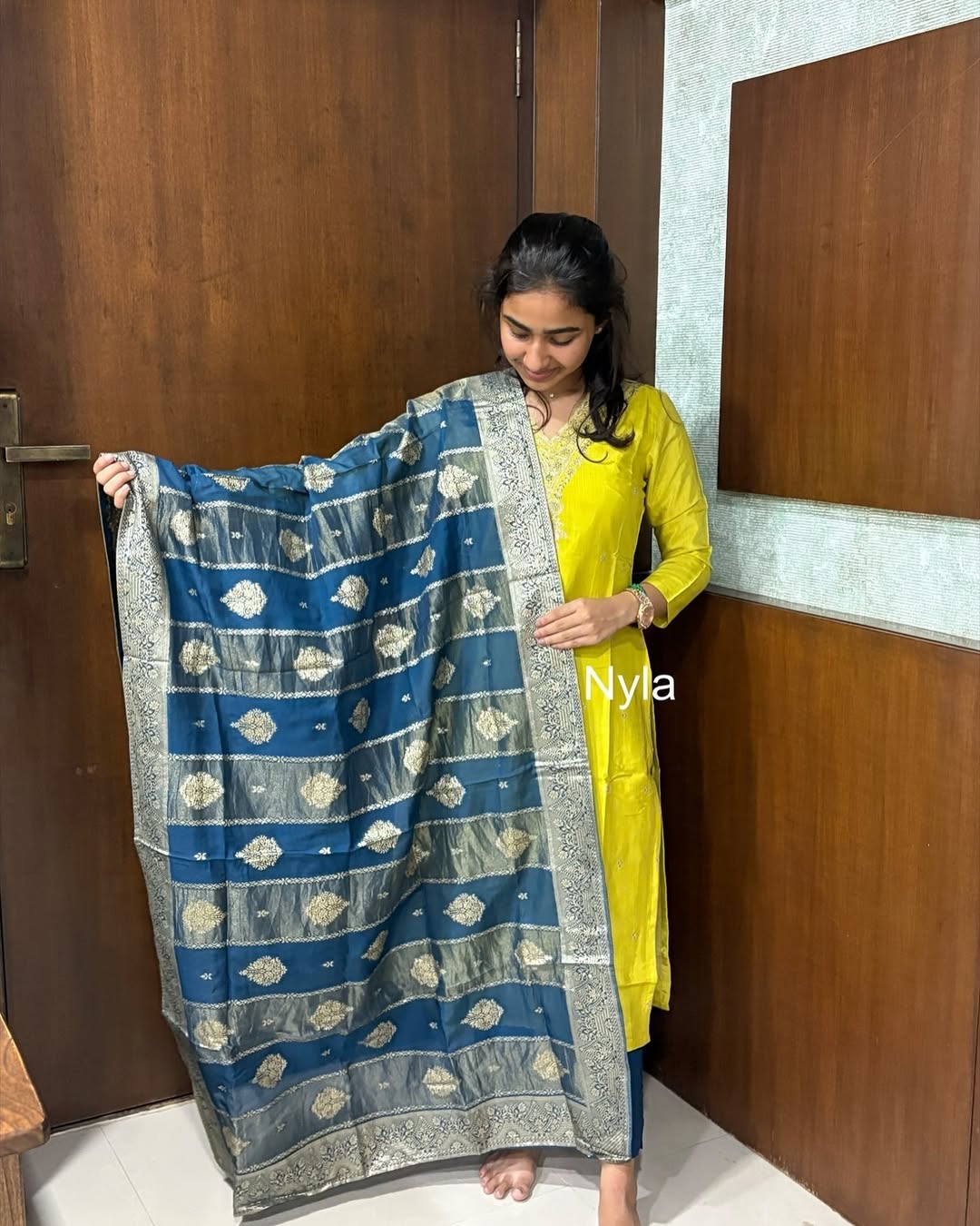 Elegant Premium Cinnon Silk with neck embroidery and 3/4th sleeves