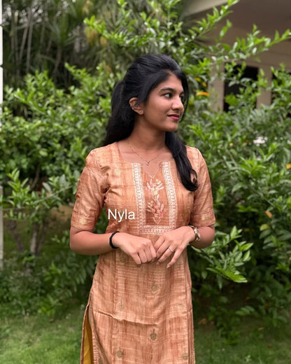 Elegant Chanderi with golden butta kurti with duppatta and elbow sleeves