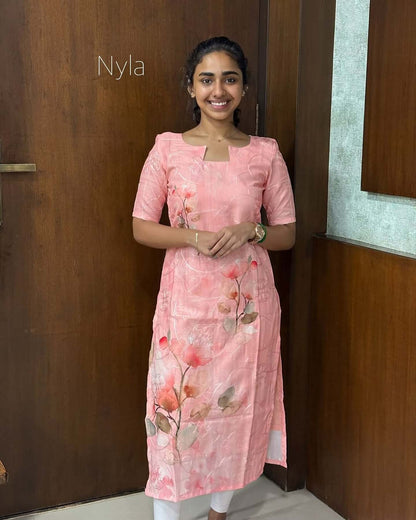 Elegant Linen with digital print and embroidery with thread detailings and elbow sleeves