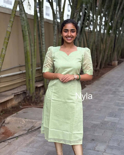 Elegant Chanderi silk with golden butta kurti and elbow puff sleeves