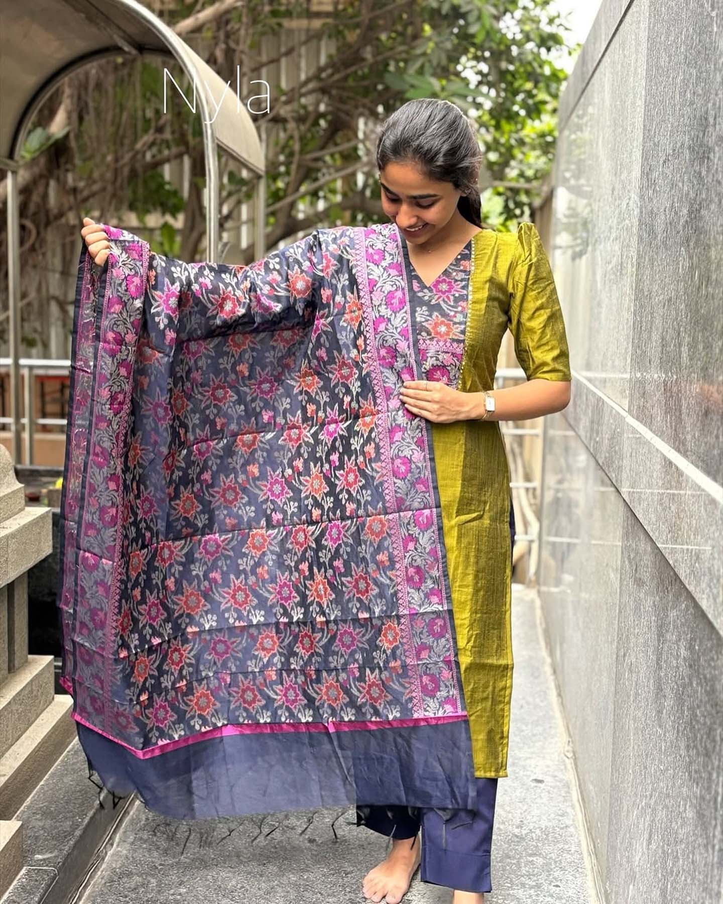 Elegant Chanderi Silk with embroidery on yoke and elbow puff sleeves with banarasi duppatta