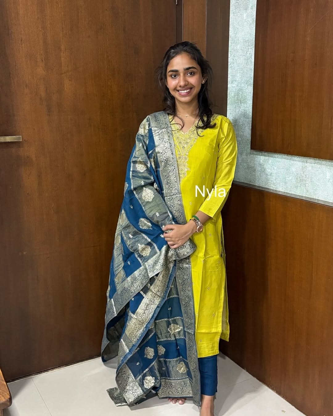 Elegant Premium Cinnon Silk with neck embroidery and 3/4th sleeves