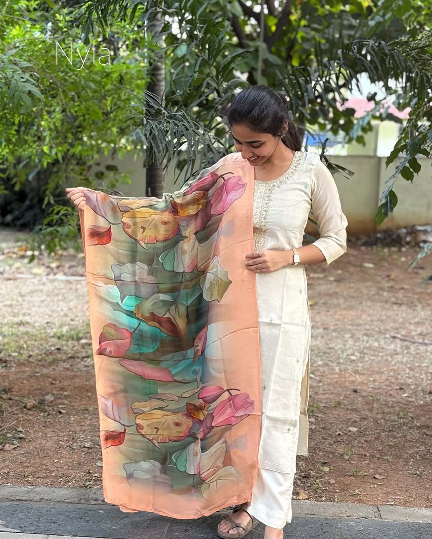 Elegant Chanderi Silk Shimmer kurti with embroidery and 3/4th sleeves