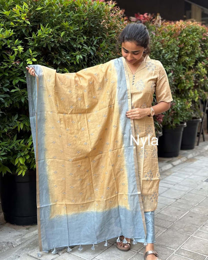 Elegant Banaras Chanderi Cotton kurti with hand embroidery and elbow sleeves