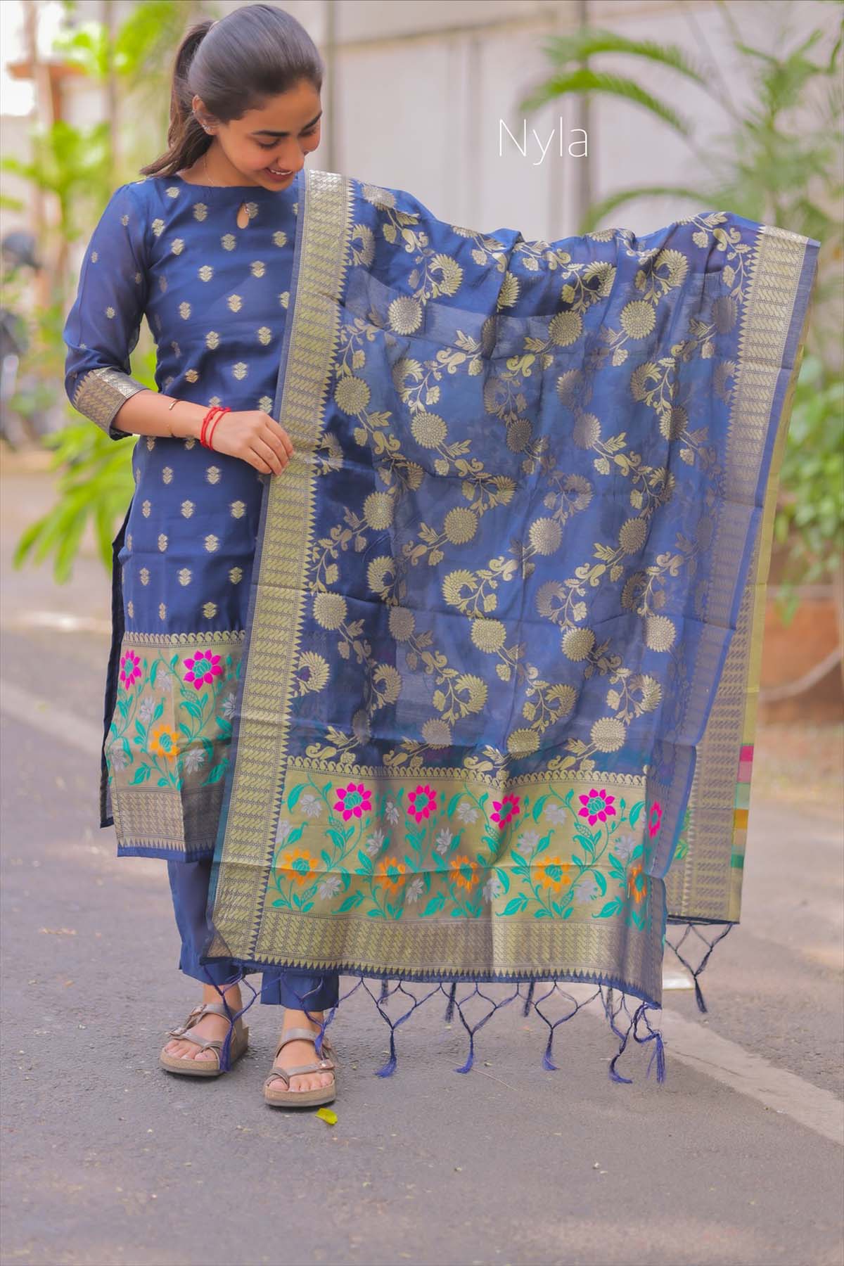 Elegant Banarasi Silk with paithani border with 3/4th sleeves