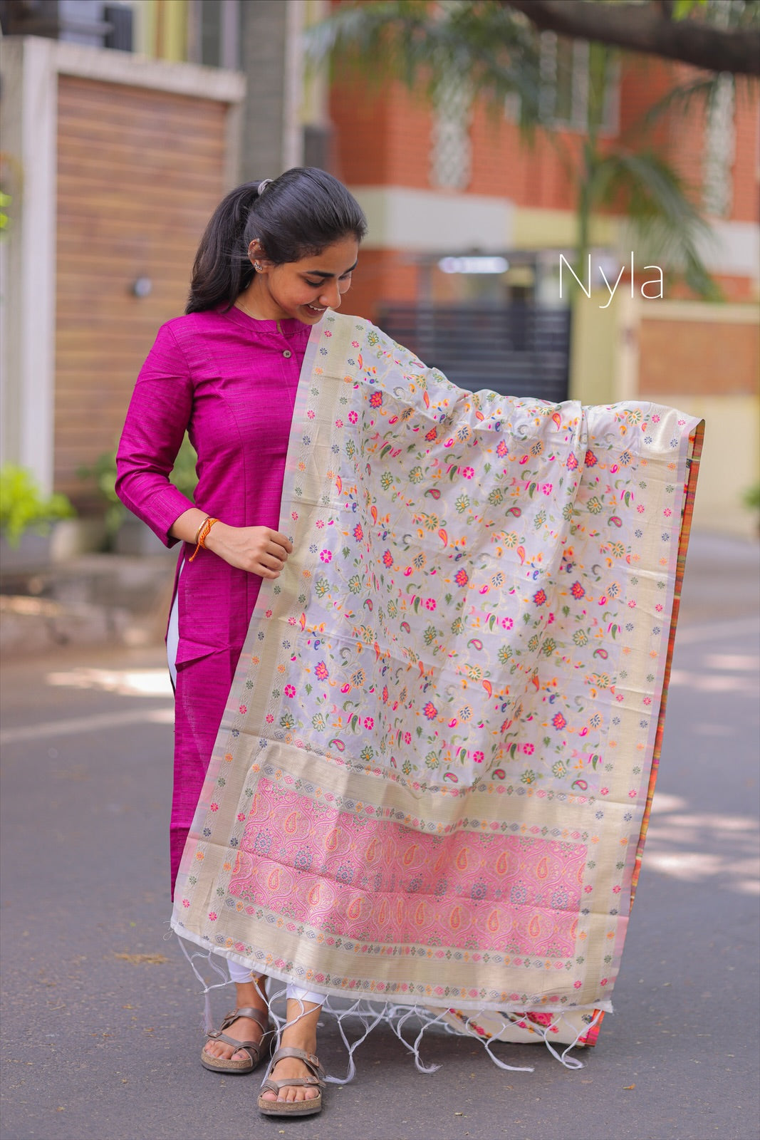 NY 31 Elegant Jute silk  Cotton Kurti with 3/4th  sleeves and Banarasi duppatta