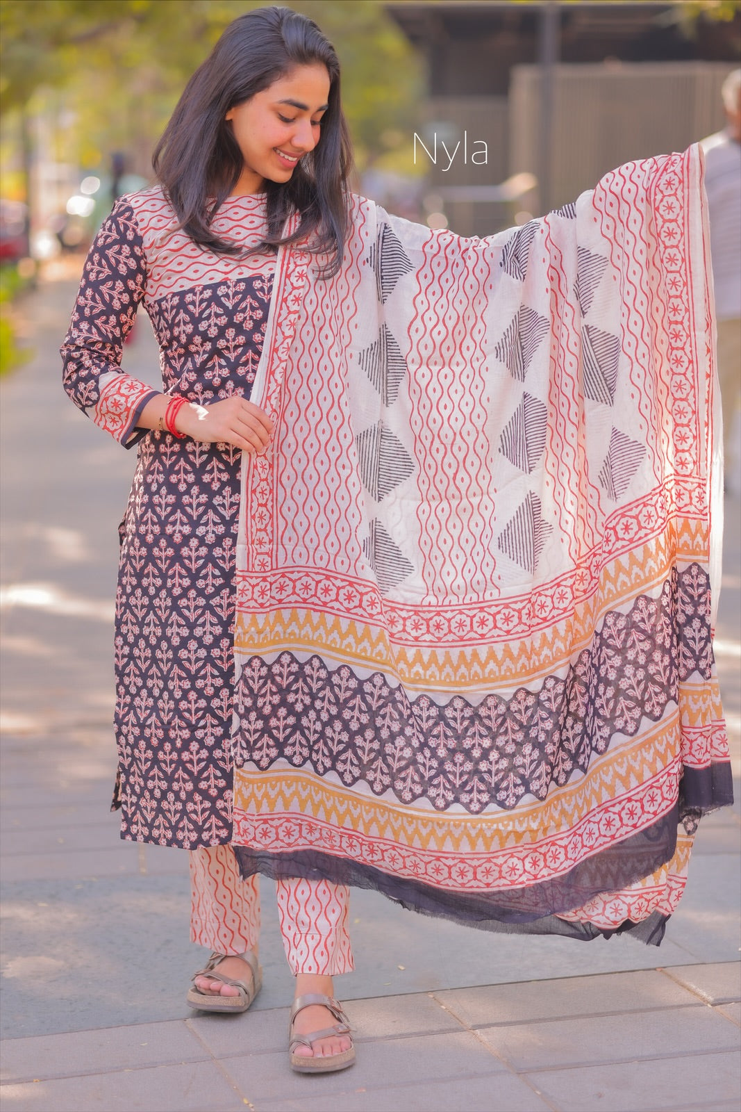 NY 411 Elegant Handblock print cotton Kurti with 3/4th sleeves