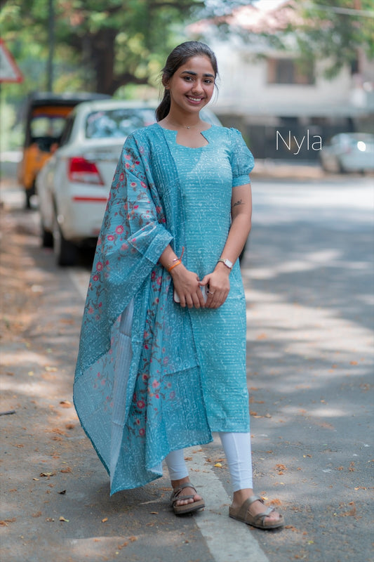 NY 189 Elegant chandheri with sequence Kurti with short puff sleeves