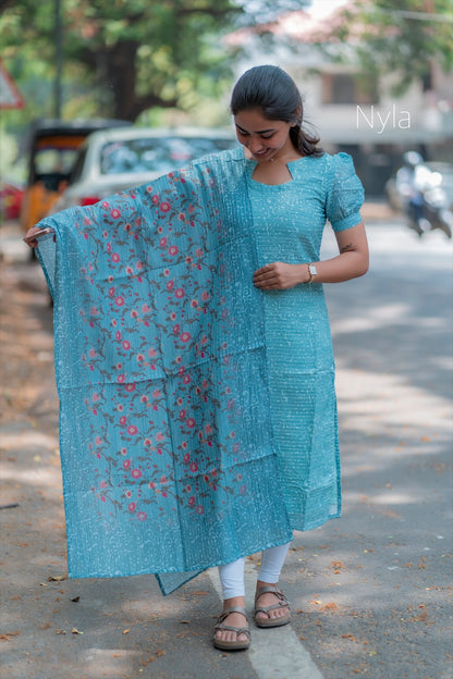 NY 189 Elegant chandheri with sequence Kurti with short puff sleeves