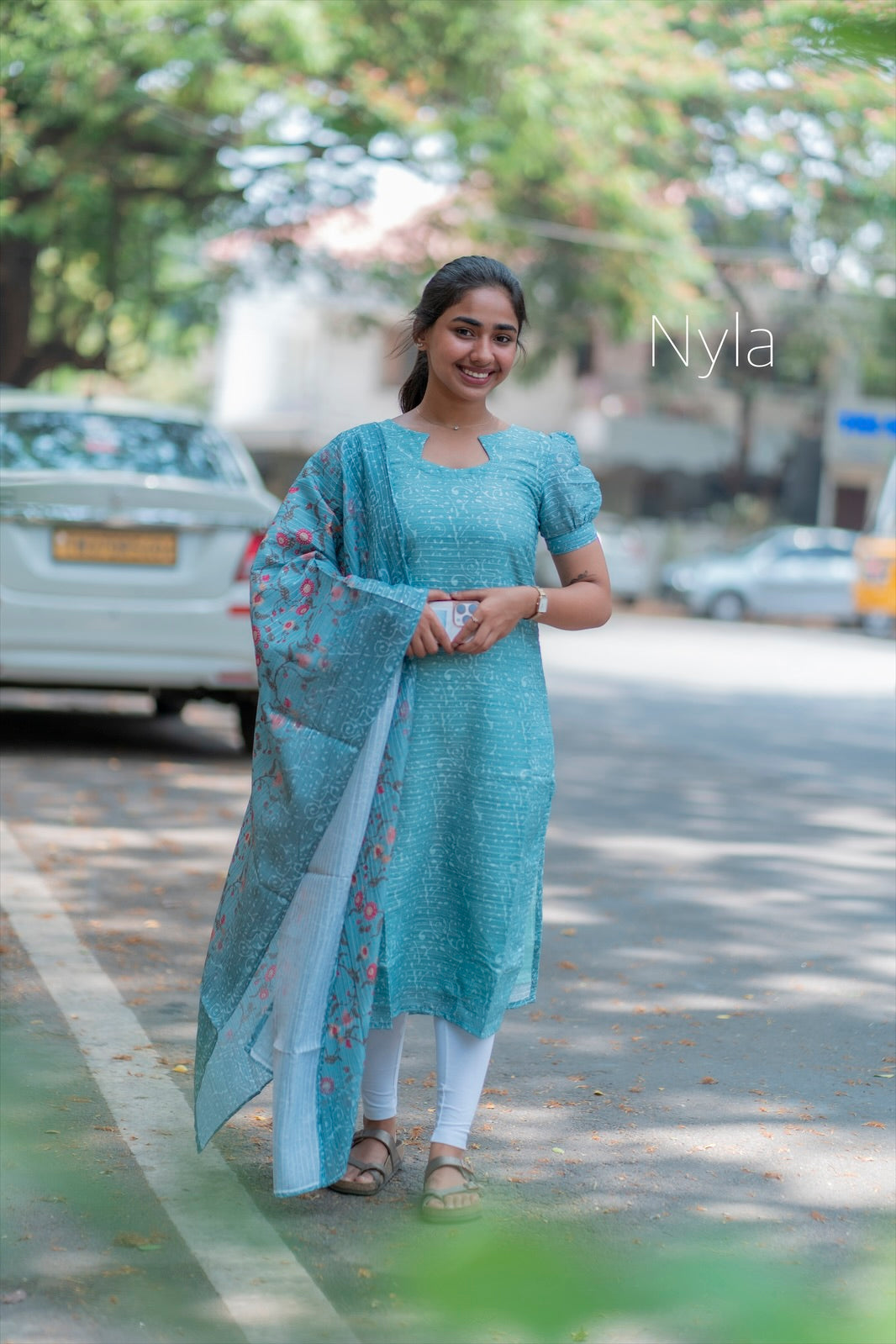 NY 189 Elegant chandheri with sequence Kurti with short puff sleeves