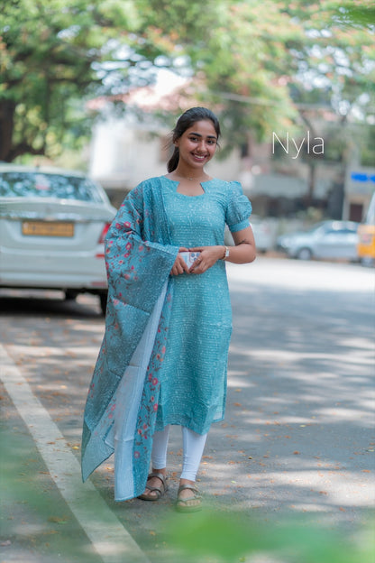 NY 189 Elegant chandheri with sequence Kurti with short puff sleeves